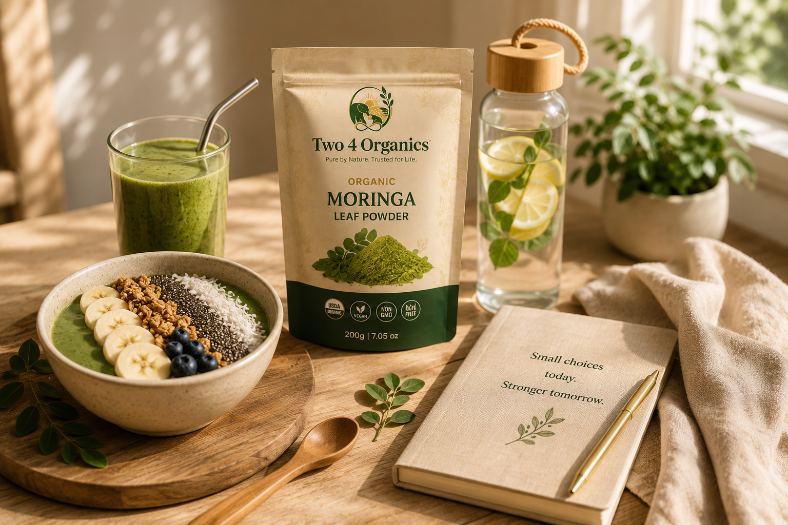 Organic Moringa Leaf Powder pouch with a green smoothie bowl and fresh ingredients in warm natural light