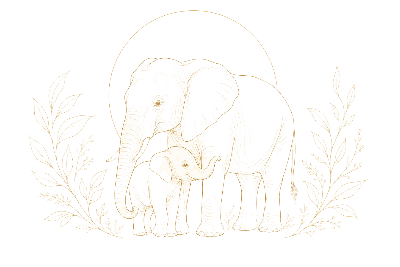Fine gold line illustration of a mother elephant and baby elephant framed by botanical branches