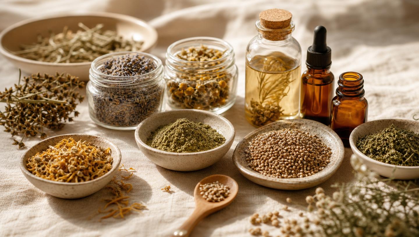 Organic wellness ingredients arranged on soft ivory linen in warm natural light