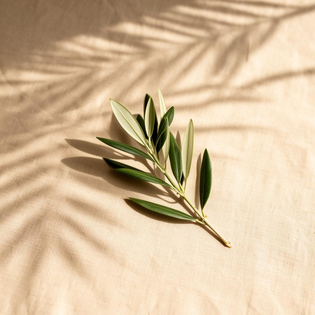 Fresh olive branch resting on warm linen with soft leaf shadows