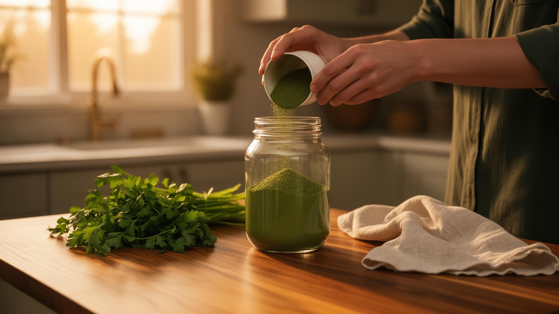 Hands pouring green wellness powder into a glass jar in a warm Canadian kitchen